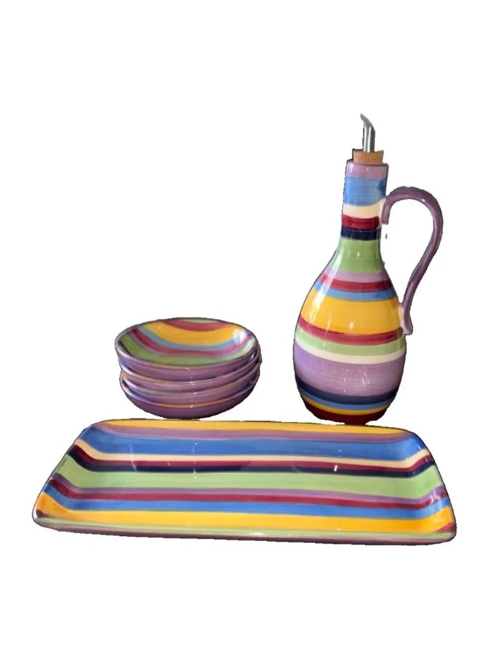 Tabletops Unlimited Set Barcelona Oil Jar Bottle, 4 Bowls & Serving Platter